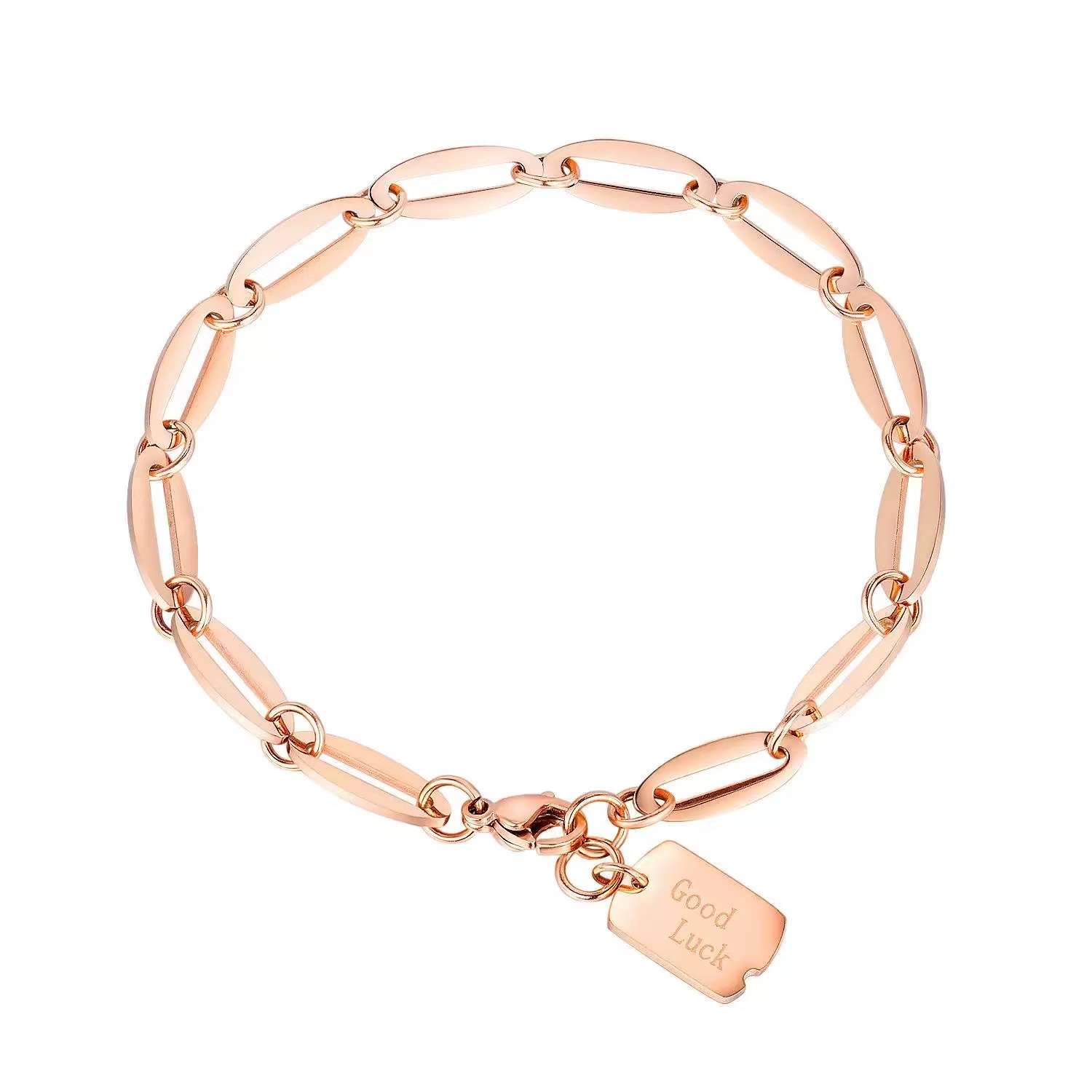Rose Gold Plated Stainless Steel Chain Bracelet with 'Good Luck' Charm - Women’s Jewelry