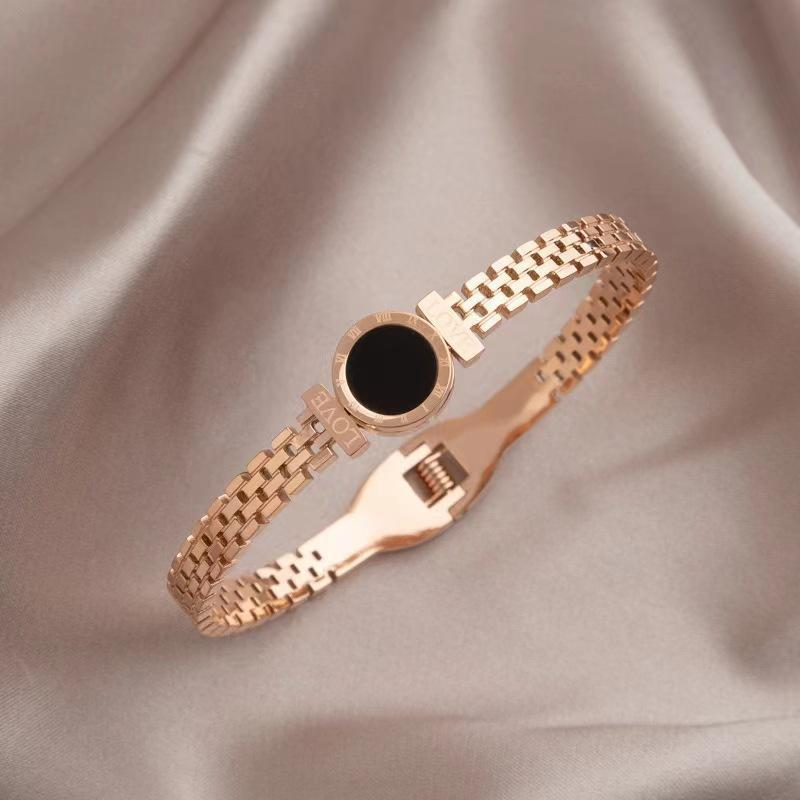 Rose Gold Stainless Steel Bracelet with Black Enamel Dial & LOVE Engraving – Geili Jewelry