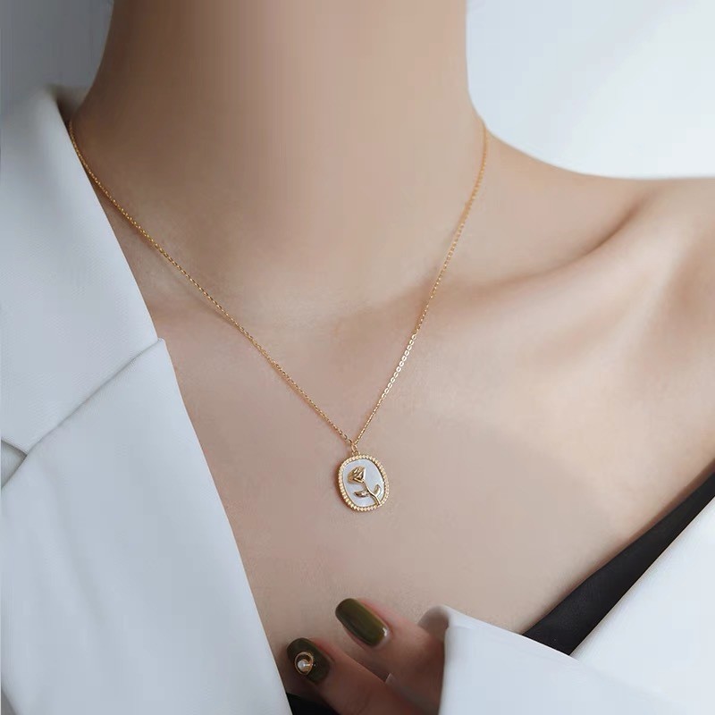Titanium Steel Rose Pendant Necklace with Enamel Detail