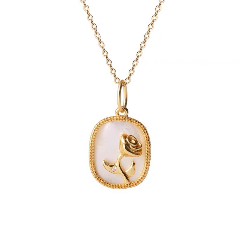 Titanium Steel Rose Pendant Necklace with Enamel Detail