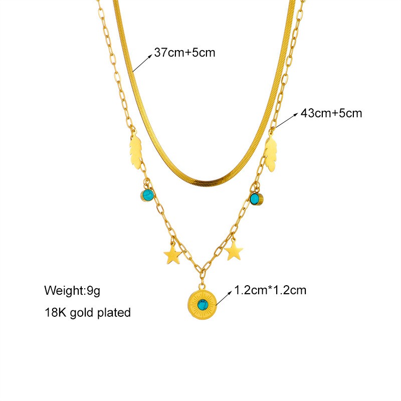Layered Gold Plated Titanium Steel Necklace with Turquoise Beads, Feather & Star Charms