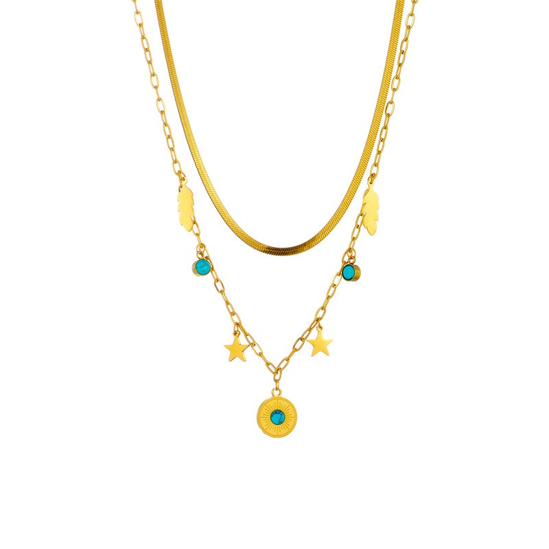 Layered Gold Plated Titanium Steel Necklace with Turquoise Beads, Feather & Star Charms