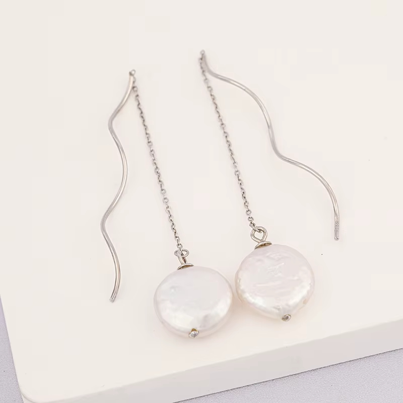 S925 Silver Button Baroque Earrings Fashion INS Simple and Irregular Pearl Long Wave Earline