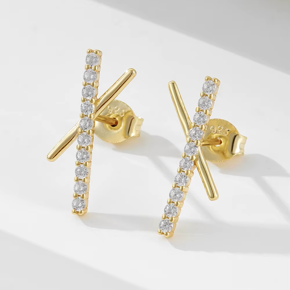S925 Sterling Silver Full Zircon Female Earrings Classic Cross X Shaped Stud with Gold Plating for Anniversaries