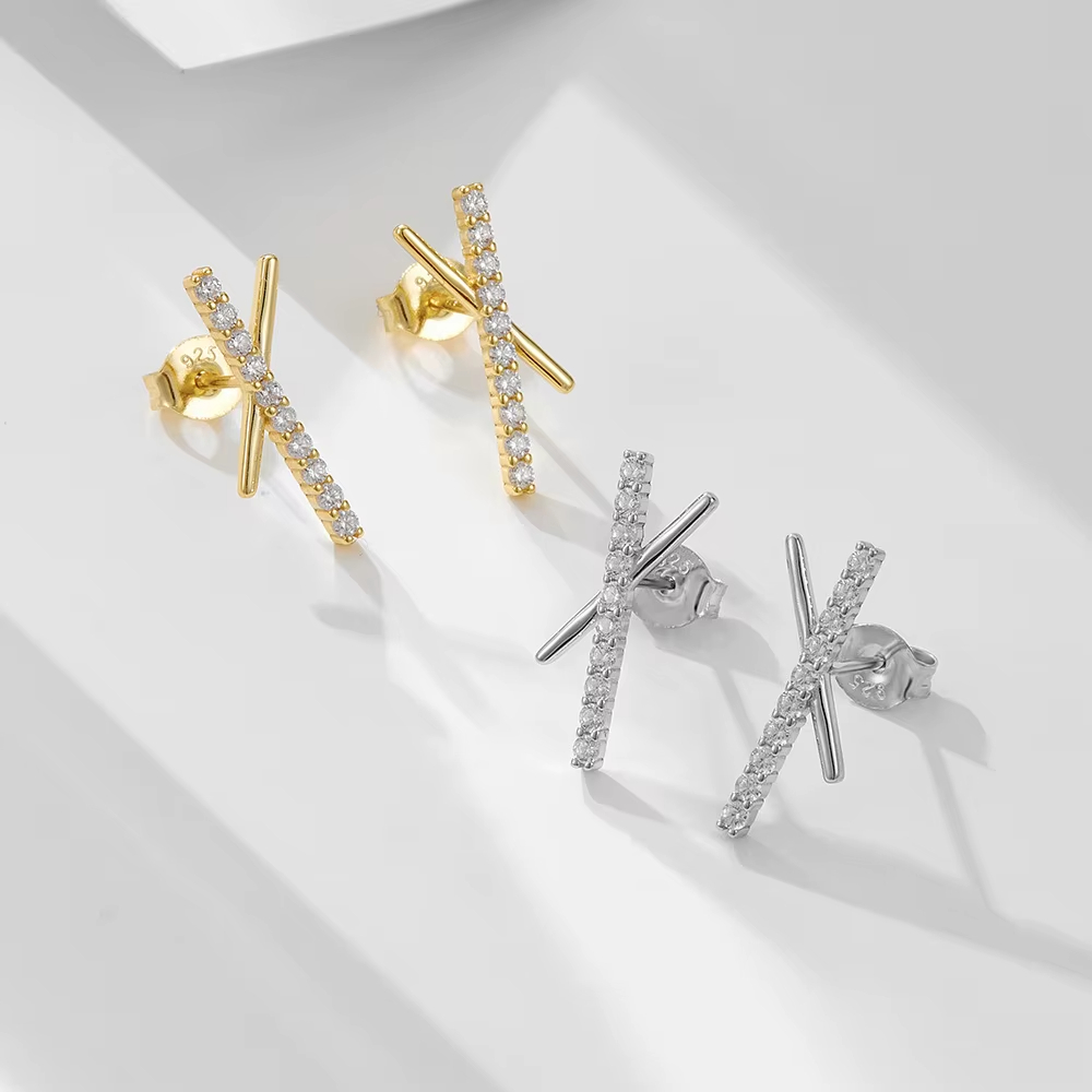 S925 Sterling Silver Full Zircon Female Earrings Classic Cross X Shaped Stud with Gold Plating for Anniversaries
