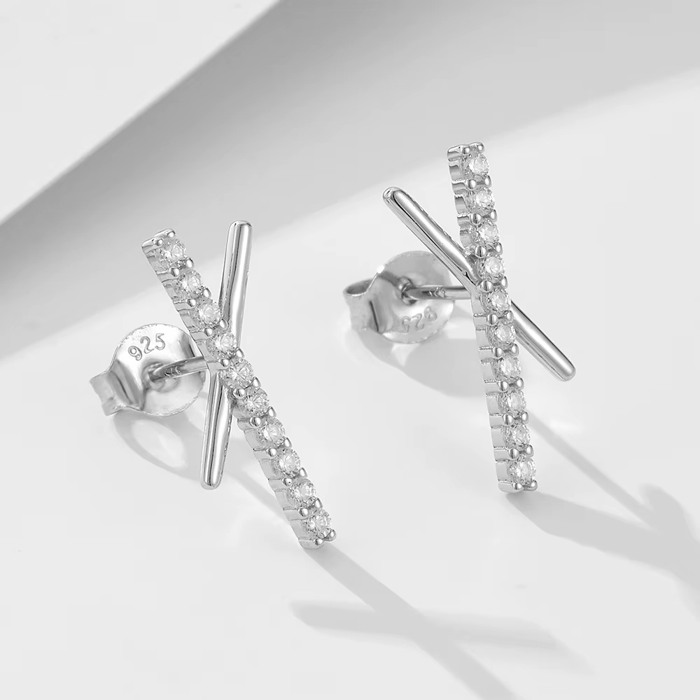 S925 Sterling Silver Full Zircon Female Earrings Classic Cross X Shaped Stud with Gold Plating for Anniversaries