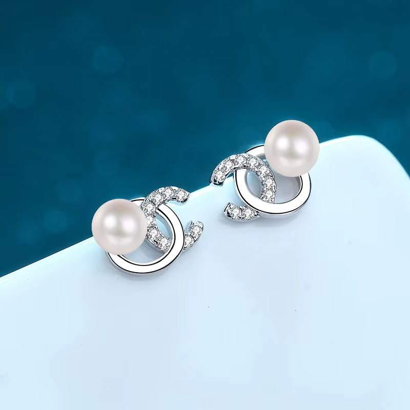 S925 Sterling Silver Women's CC Style Freshwater Pearl Moissanite Earrings Natural Flawless