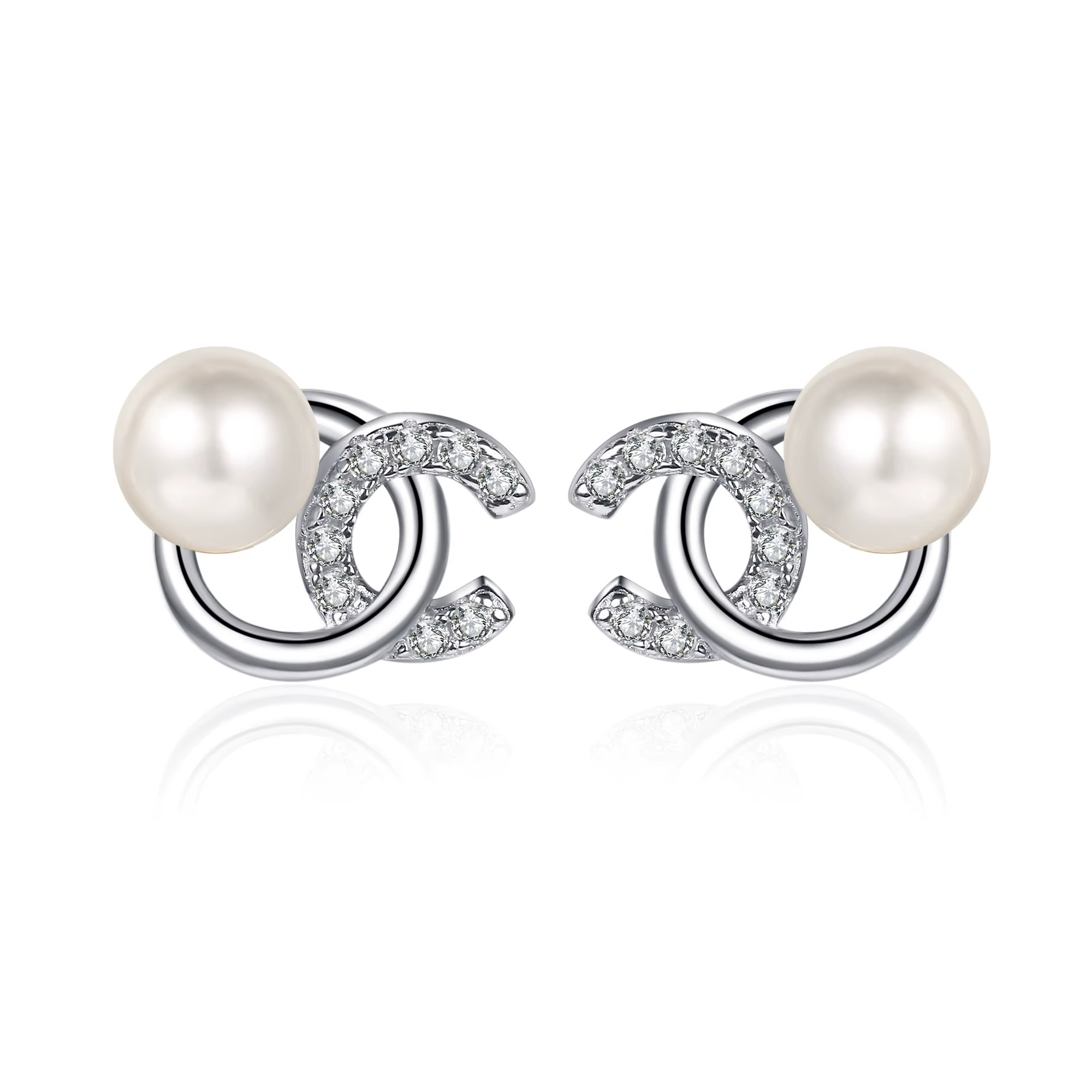 S925 Sterling Silver Women's CC Style Freshwater Pearl Moissanite Earrings Natural Flawless