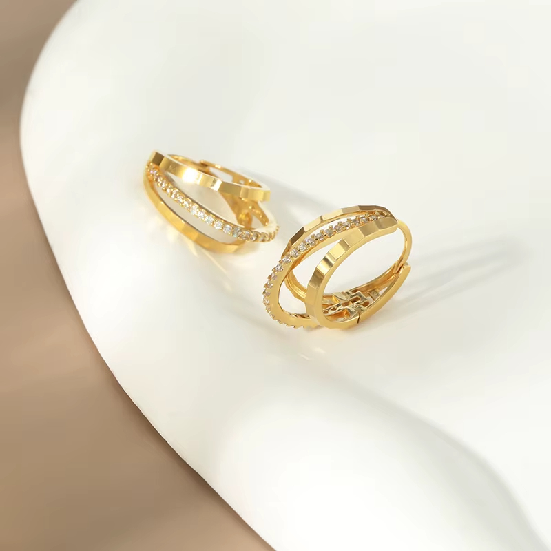 S925 Sterling Silver Women's Trendy Stud Earrings Korean-Style Niche Design Three-Layer Zircon Inlay Simple Hoop Style Jewelry
