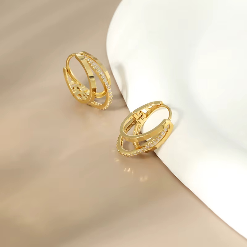 S925 Sterling Silver Women's Trendy Stud Earrings Korean-Style Niche Design Three-Layer Zircon Inlay Simple Hoop Style Jewelry