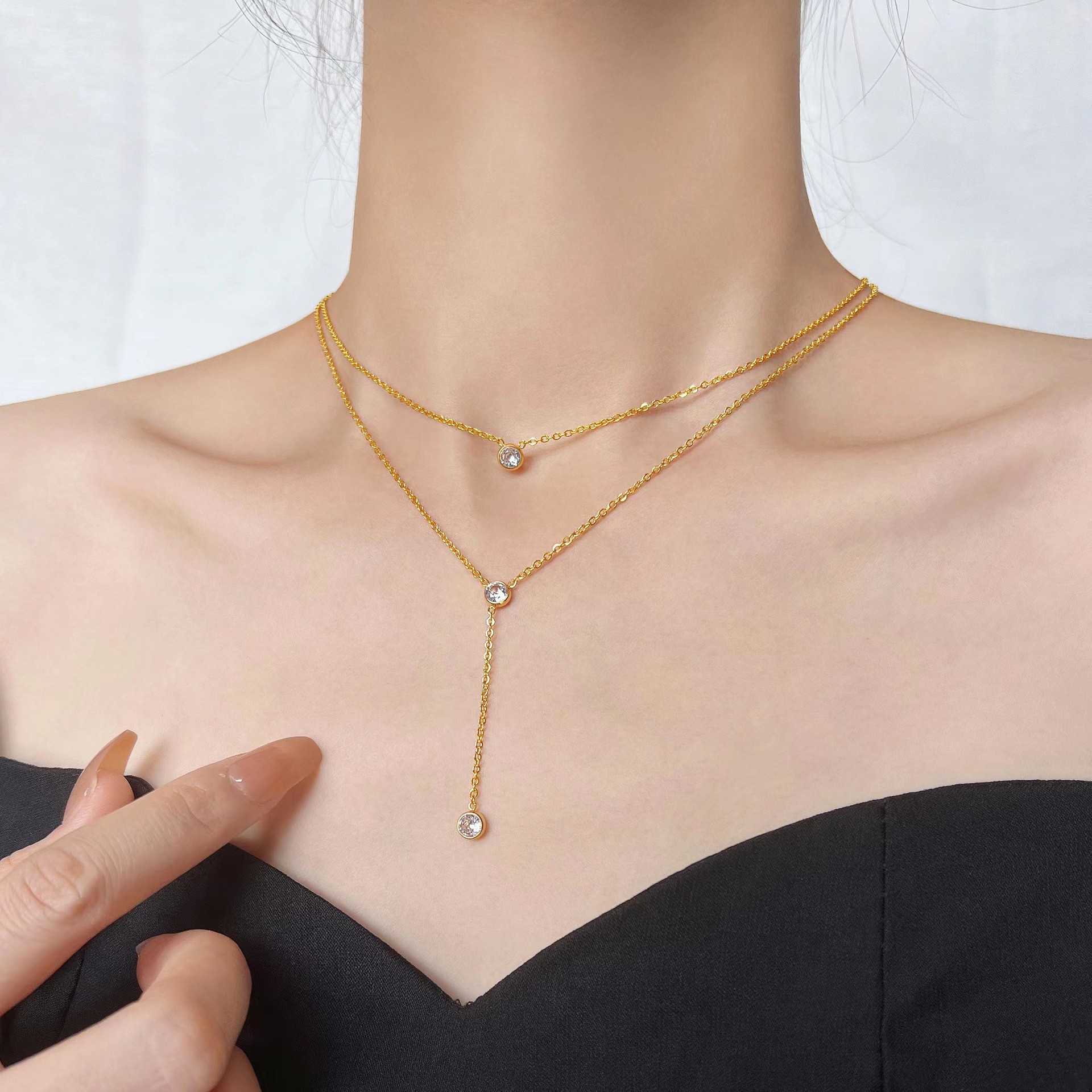 Elegant Layered Titanium Steel Y Necklace with Crystal Pendants