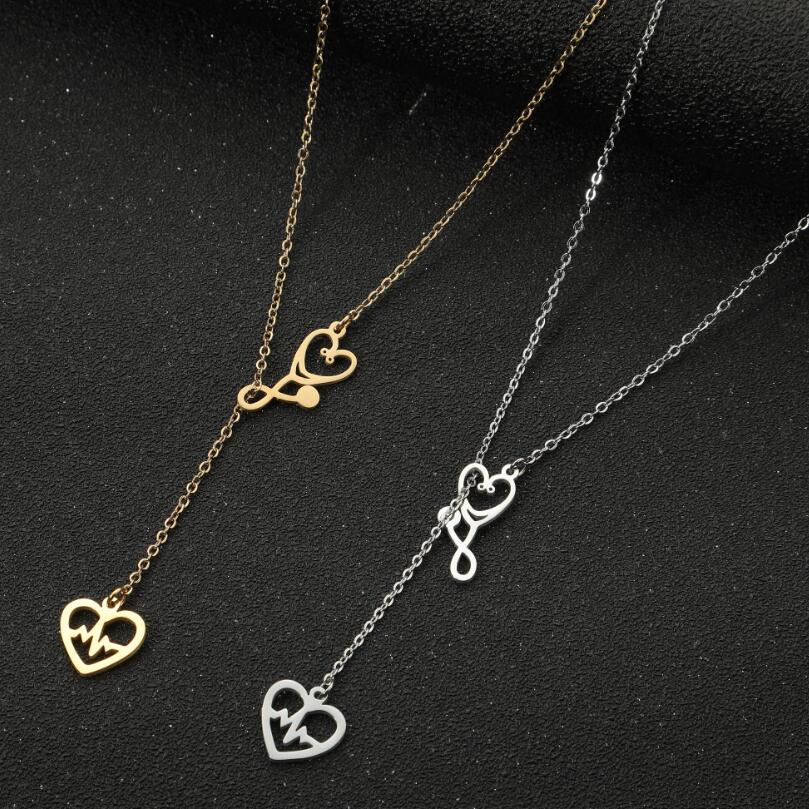 Small Luxury Stainless Steel Ecg Stethoscope Necklace Women'S Heart of Love Pendant Jewelry Necklace