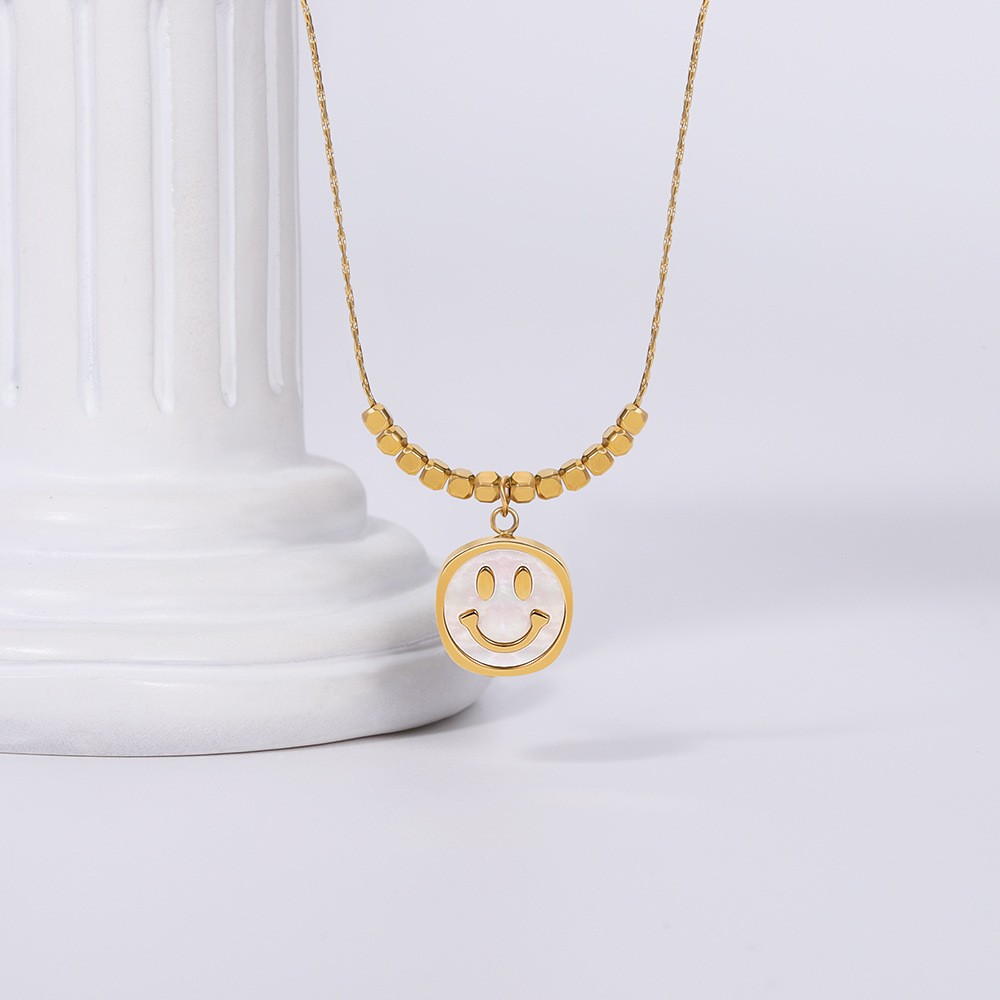 Cute Gold Smile Face Pendant Necklace – Playful Titanium Steel Chain for Girls