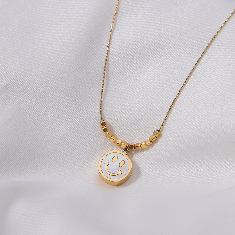 Cute Gold Smile Face Pendant Necklace – Playful Titanium Steel Chain for Girls