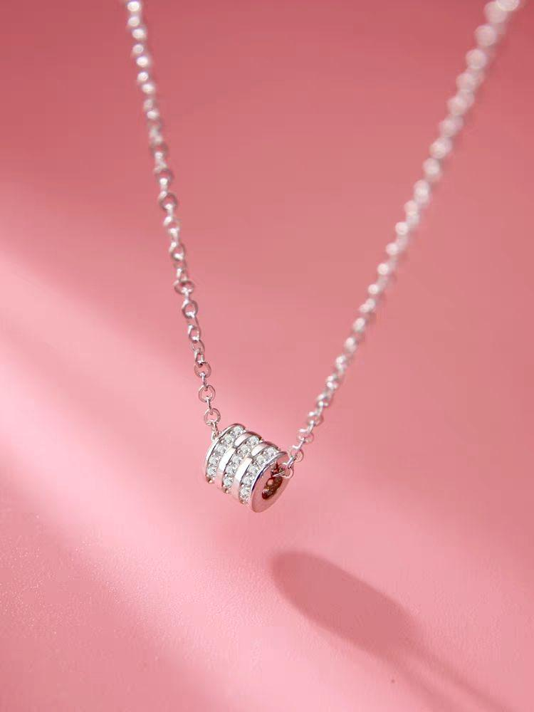 Sparkling Silver Cylinder Pendant Necklace – Triple Zircon Row Minimalist Chain