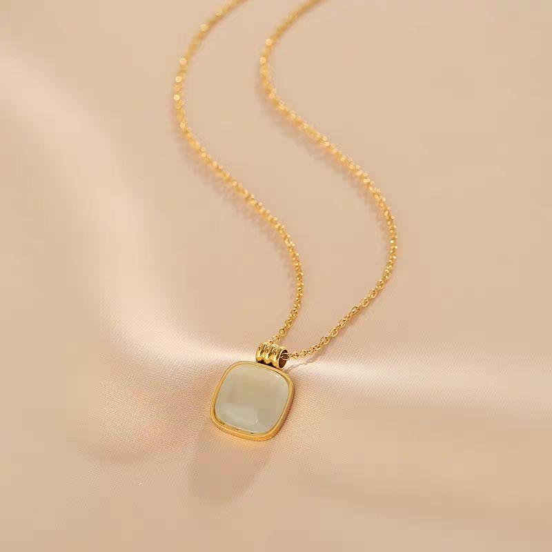 Square Jade Pendant Necklace – Elegant Gold Plated Chain with Polished Natural Stone