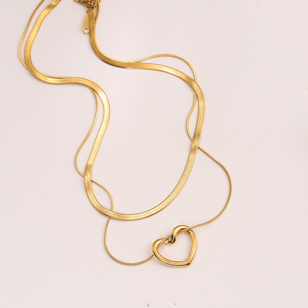 Stainless Steel Double Layer Stack Cut Out Heart Love Pendant Necklace - Flat Snake Chain Layered Necklace for Women