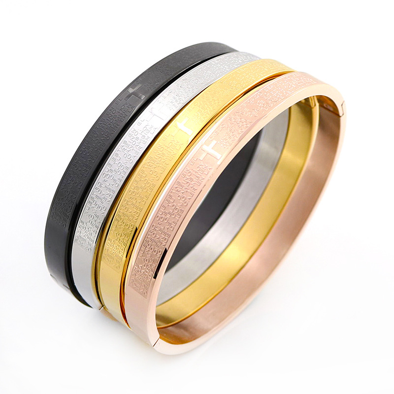 Stainless Steel Lord's Prayer Bangle Bracelet Women's Scripture Bracelets With Cross