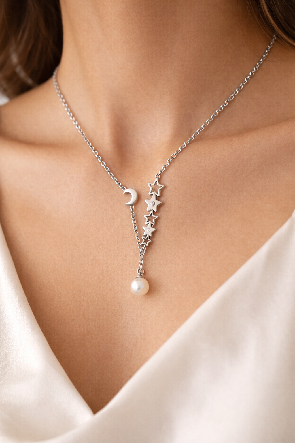 Stainless Steel Moon Star Pearl Necklace 316L Stainless Steel Pendant Necklace Minimalist Charm Necklace