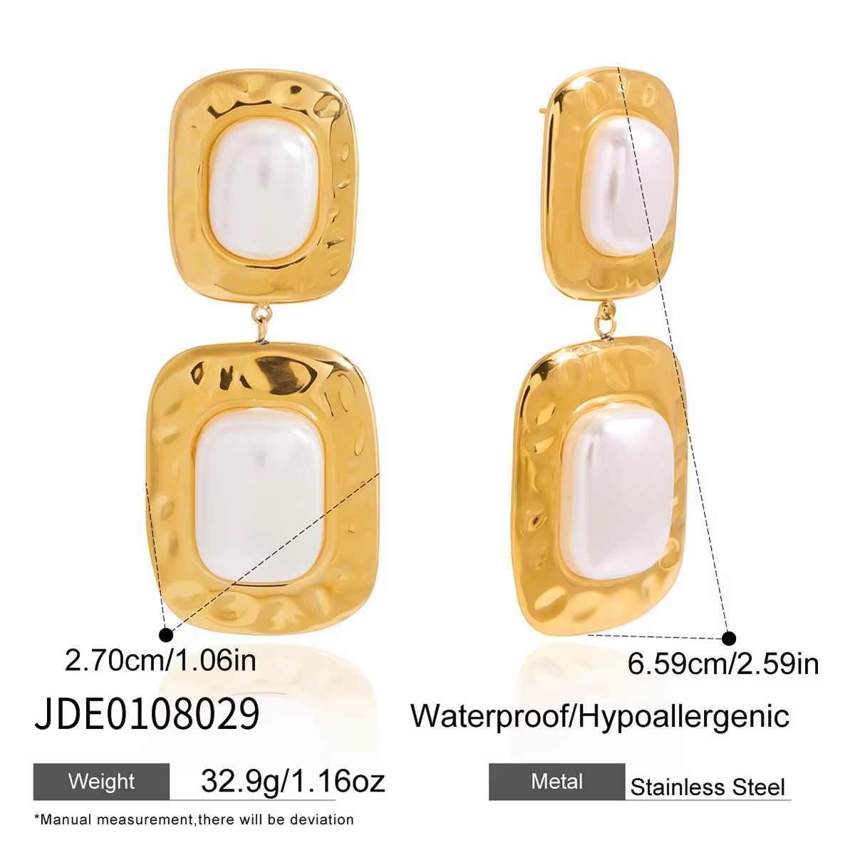 Stainless Steel Pearl Stud Earrings Light Luxury Gold-Color Plating Geometric Design Anniversary