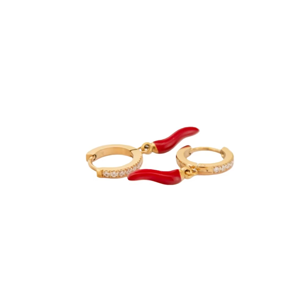 Stainless Steel Sparkle Hoop Red Chilli Cornicello Earring For Women