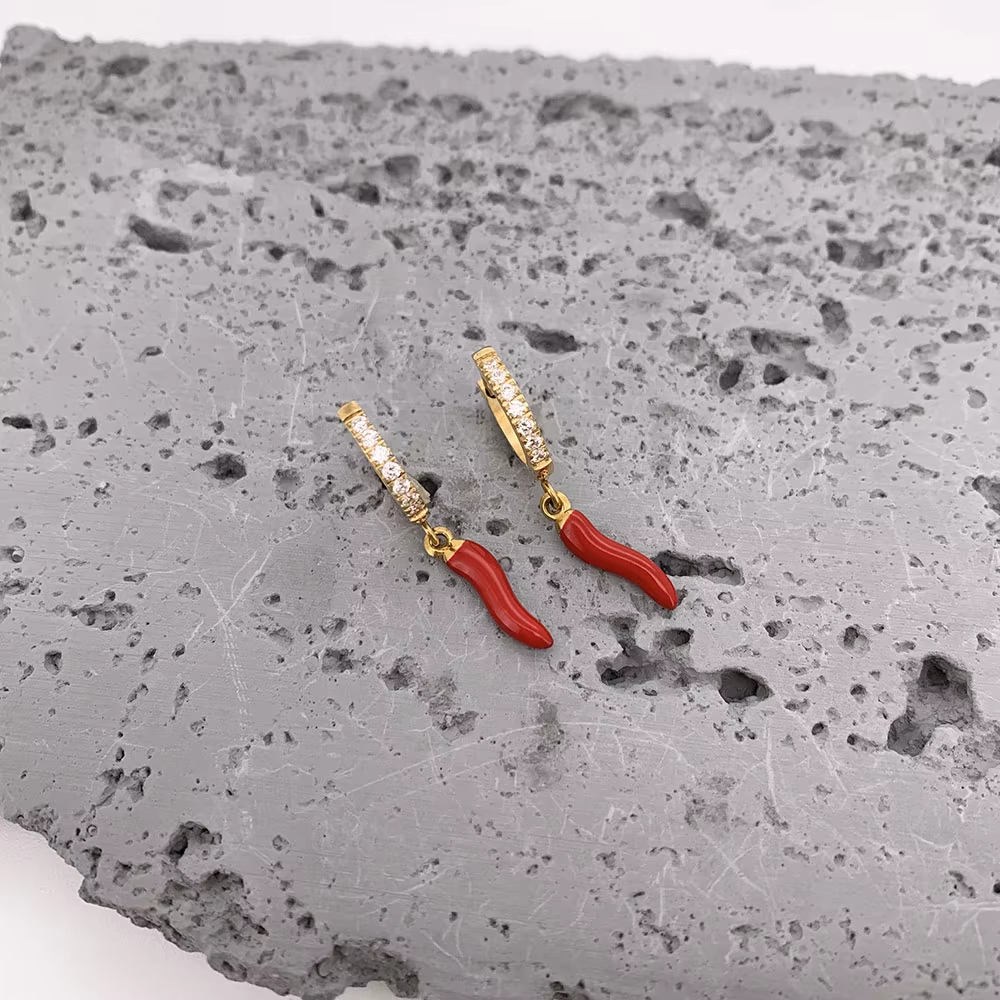 Stainless Steel Sparkle Hoop Red Chilli Cornicello Earring For Women
