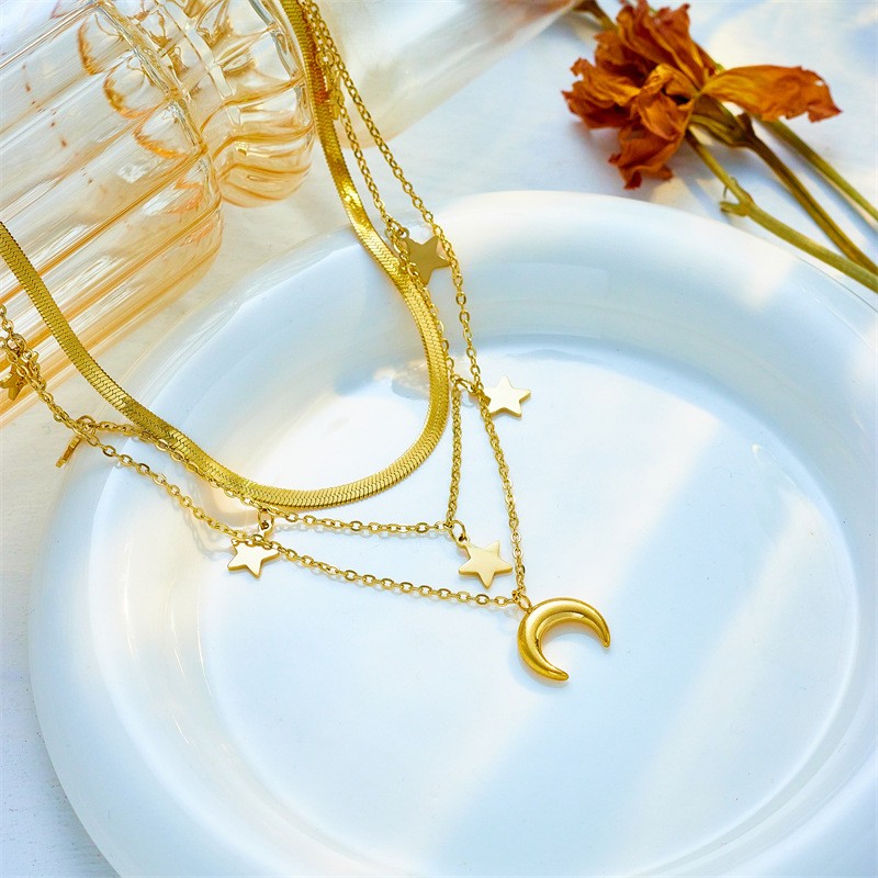 Triple Layer Gold Titanium Steel Necklace with Moon Pendant and Star Charms