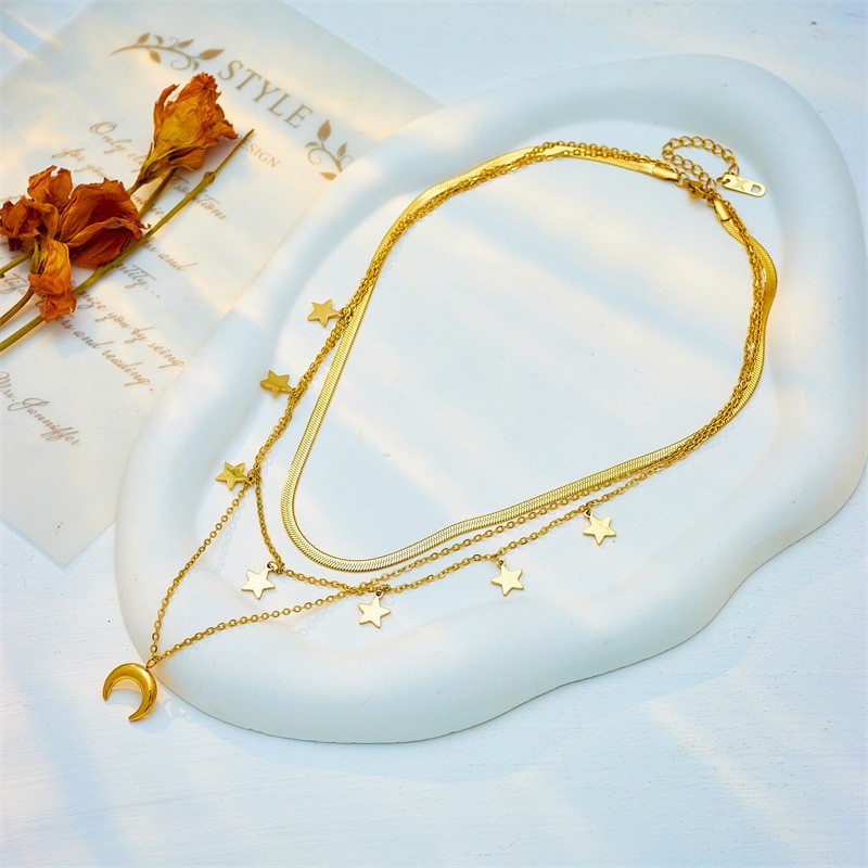 Triple Layer Gold Titanium Steel Necklace with Moon Pendant and Star Charms