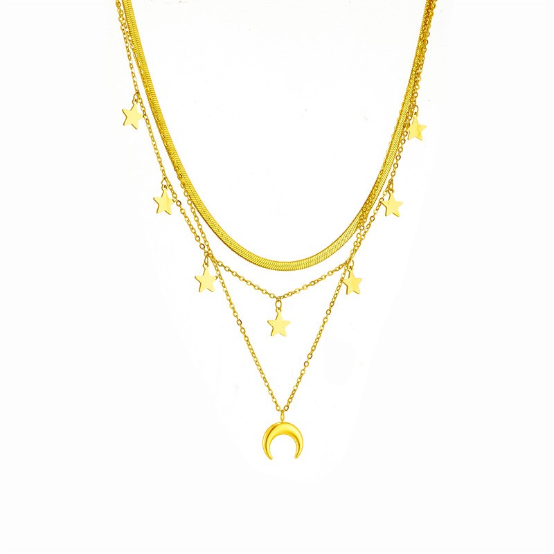 Triple Layer Gold Titanium Steel Necklace with Moon Pendant and Star Charms