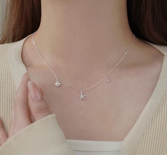 Starfish Shell Pearl Pendant Necklace for Women Summer Ocean Style Clavicle Chain