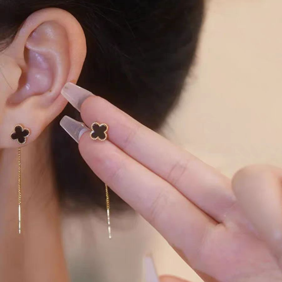 Stylish Black Clover Dangle Earrings with Gold Border and Pull-Through Design for Fashion-Conscious Women Seeking Balance of Modern Charm and Luck