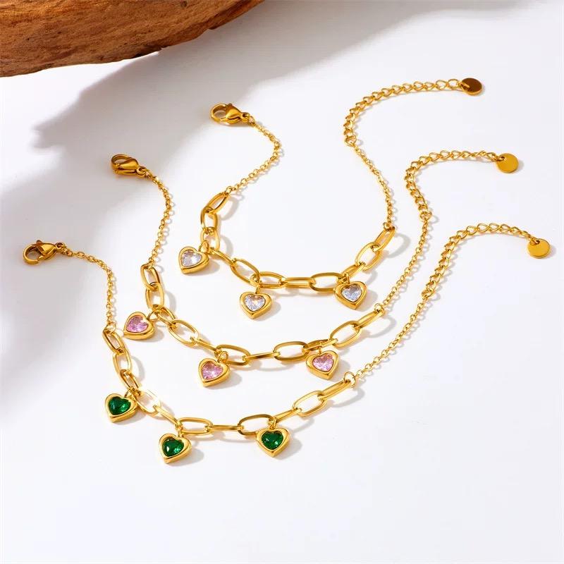 Stylish Stainless Steel Chain Link Bracelet 18K Gold Plated Zircon Heart Bracelet for Women