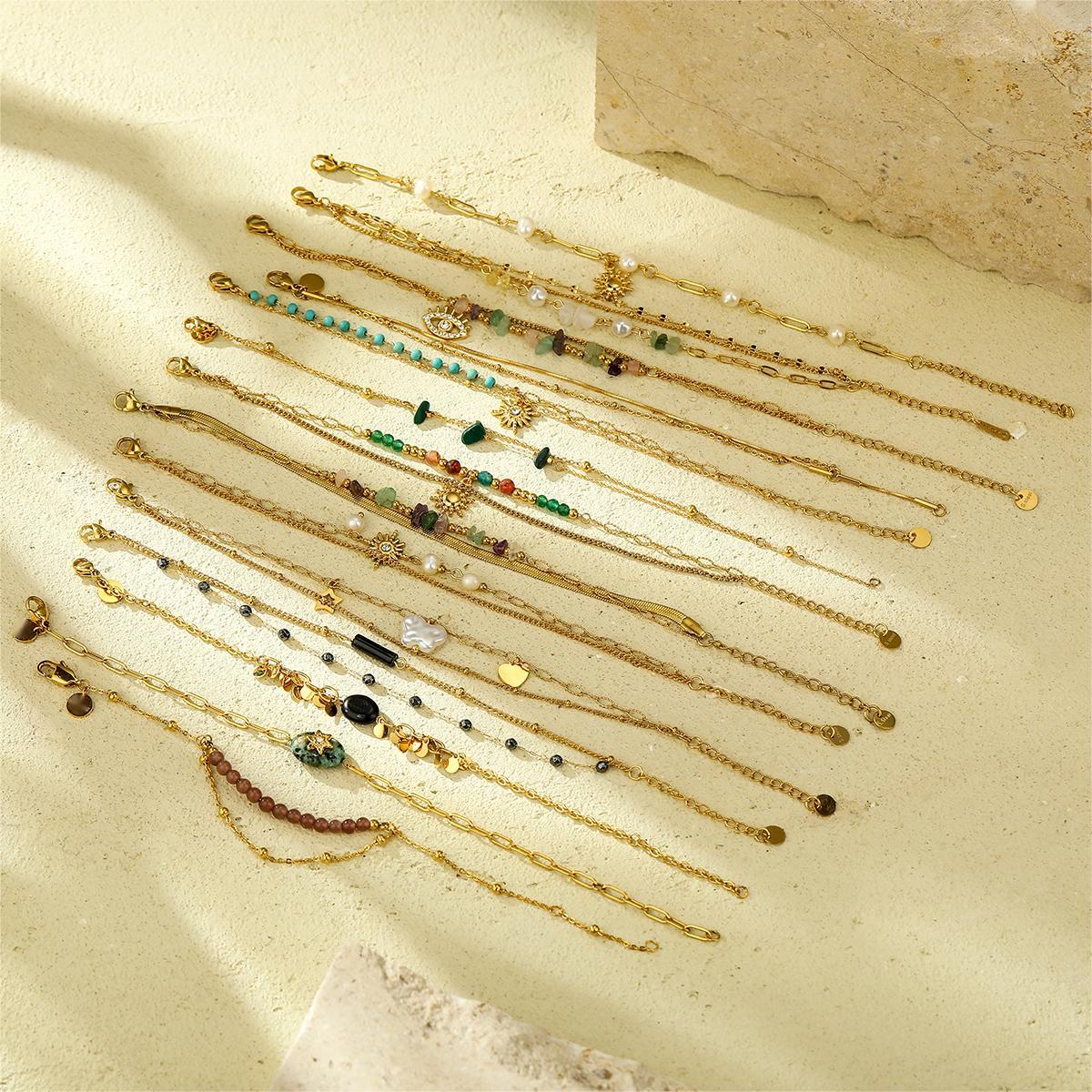 Summer Multy-Layer Bohemian Stainless Steel Bracelet Set Gold Plated Natural Stone Beaded Heart&Sun Charms Bracelet Jewelry