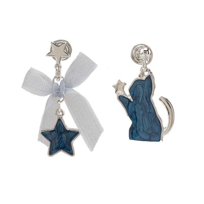 Sweet Blue Star Bow Cat Clip-On Earrings for Women – Cute Asymmetrical Fairy Style Earrings