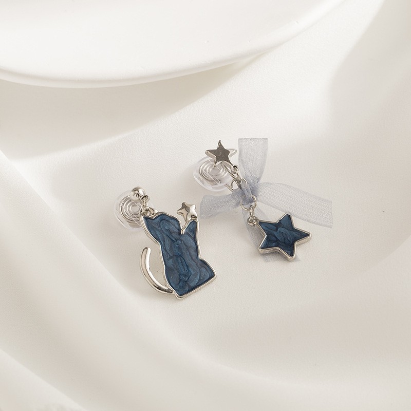 Sweet Blue Star Bow Cat Clip-On Earrings for Women – Cute Asymmetrical Fairy Style Earrings