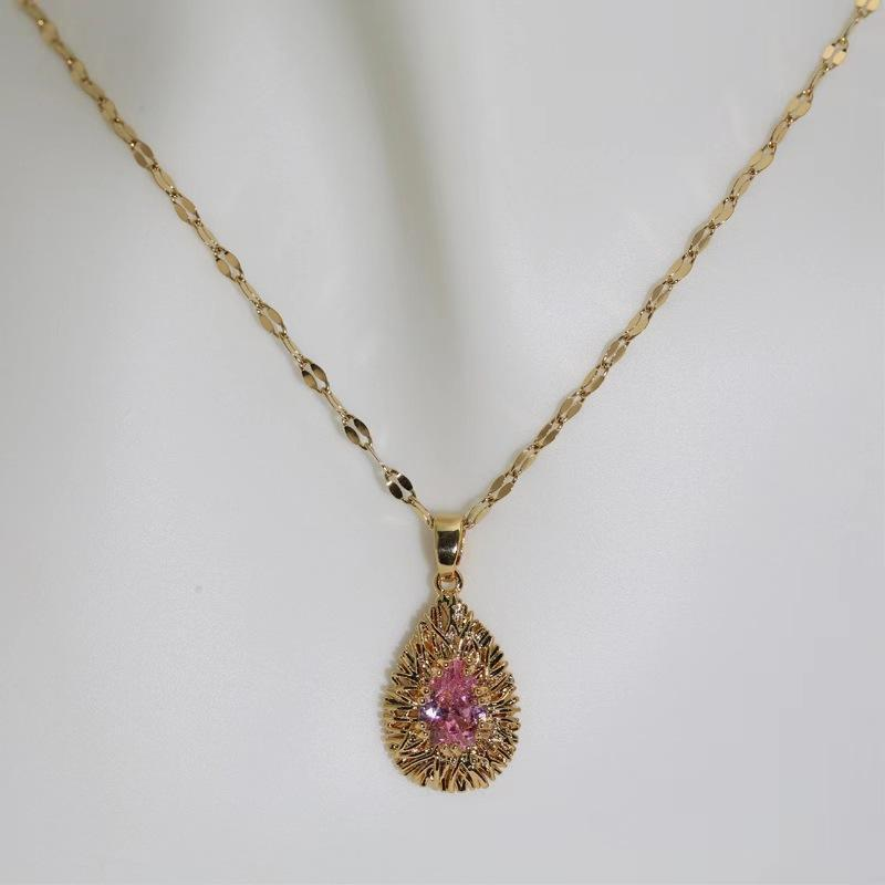 Teardrop Pink Crystal Pendant Necklace – Gold Plated
