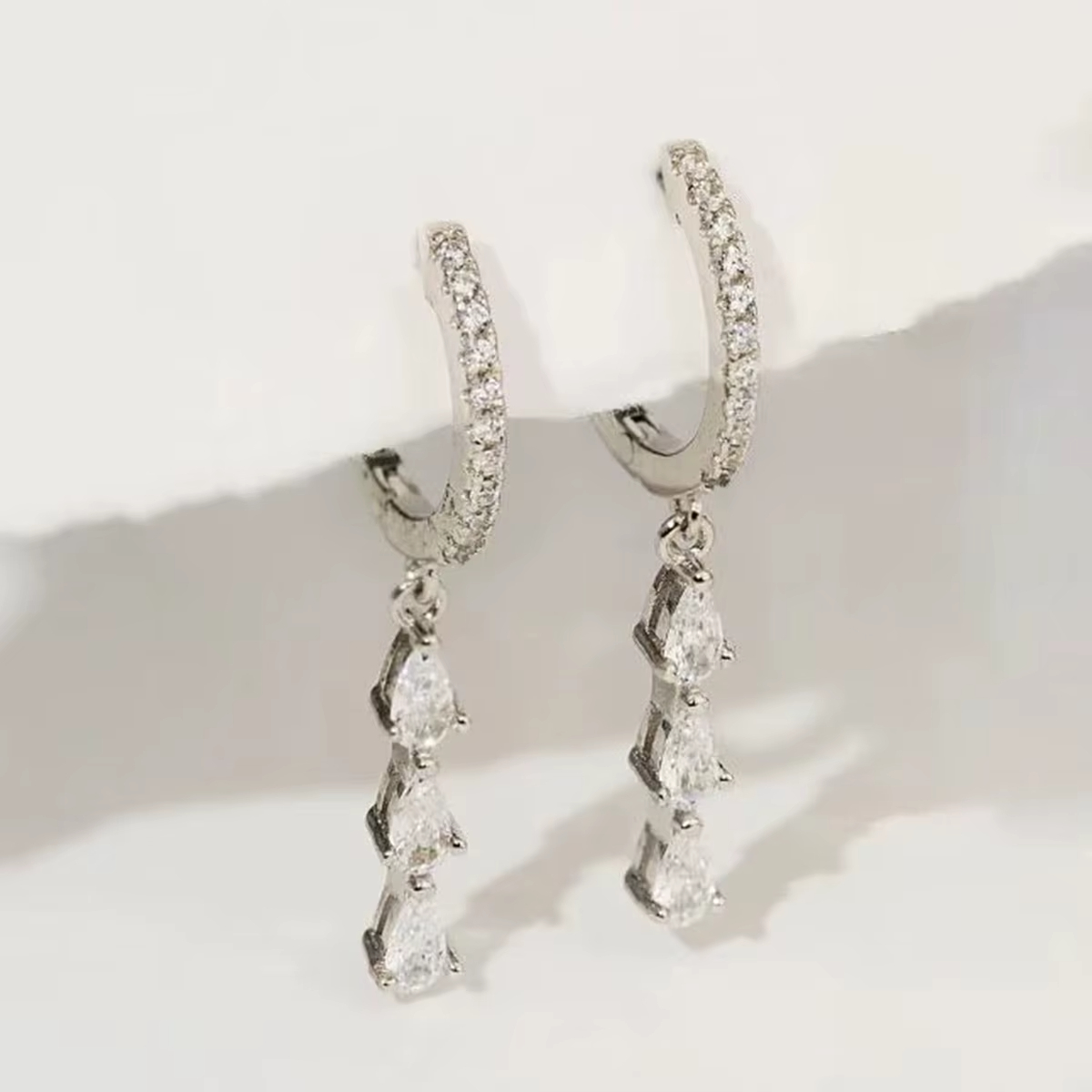 Temperamental S925 Sterling Silver Hoop Earrings Silver Zircon Water Drop Tassel Earrings
