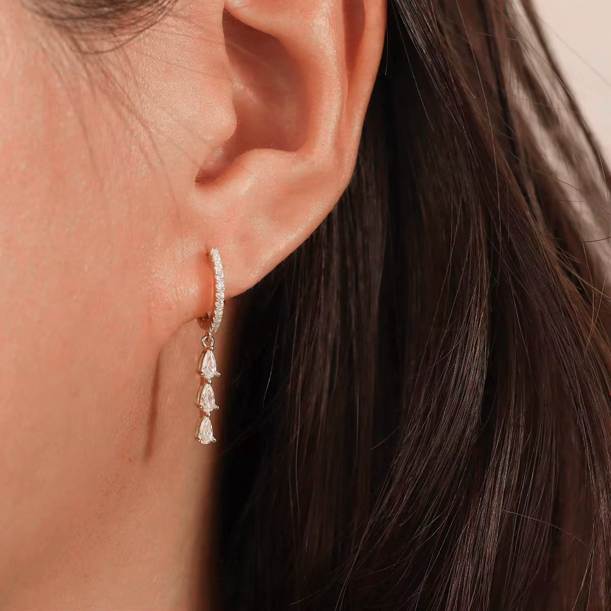 Temperamental S925 Sterling Silver Hoop Earrings Silver Zircon Water Drop Tassel Earrings