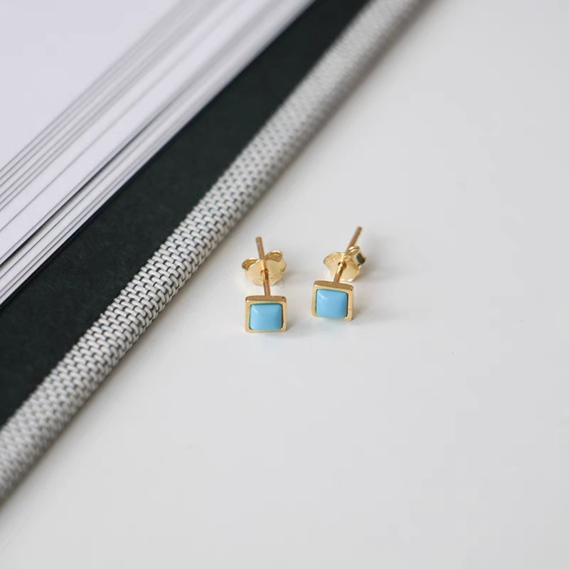 Tiny Blue Square Stud Earrings for Women – Gold Plated Stainless Steel Minimalist Earrings with Sky Blue Enamel Inlay – Lightweight Everyday Jewelry