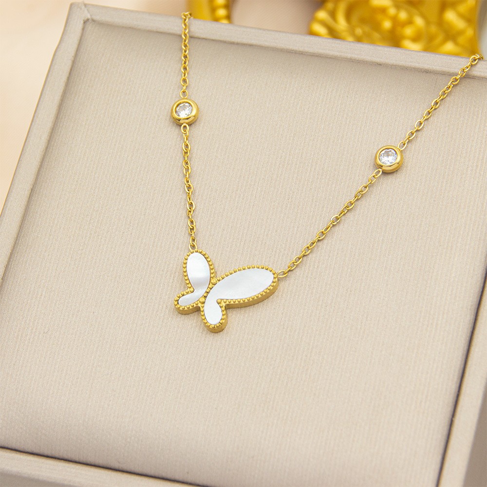 Elegant White Butterfly Pendant Necklace – Gold Titanium Steel Chain for Women