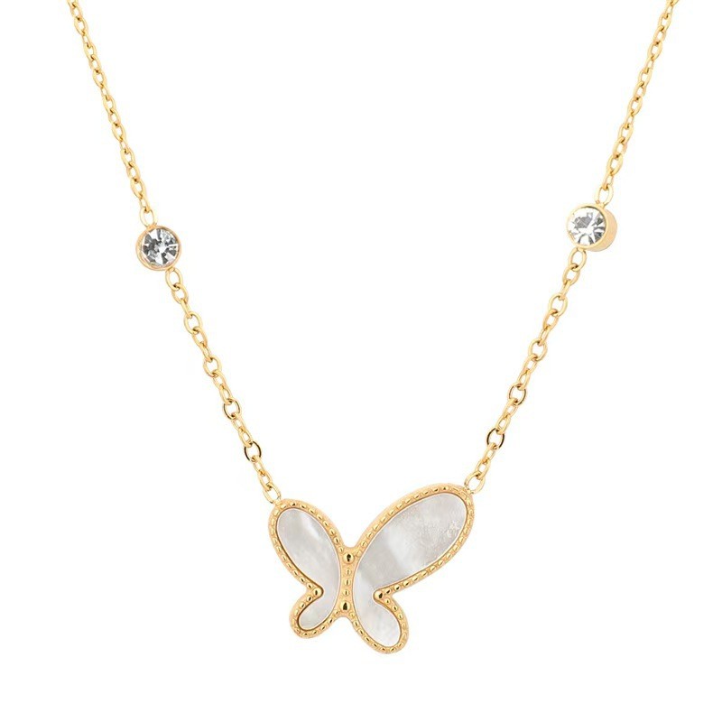 Elegant White Butterfly Pendant Necklace – Gold Titanium Steel Chain for Women