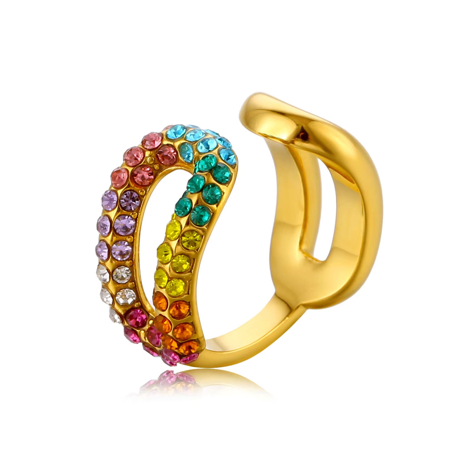Trendy 18K Gold Plated Stainless Steel Open Rings with Cubic Zirconia – Multicolor & Clear Crystal Fashion Jewelry