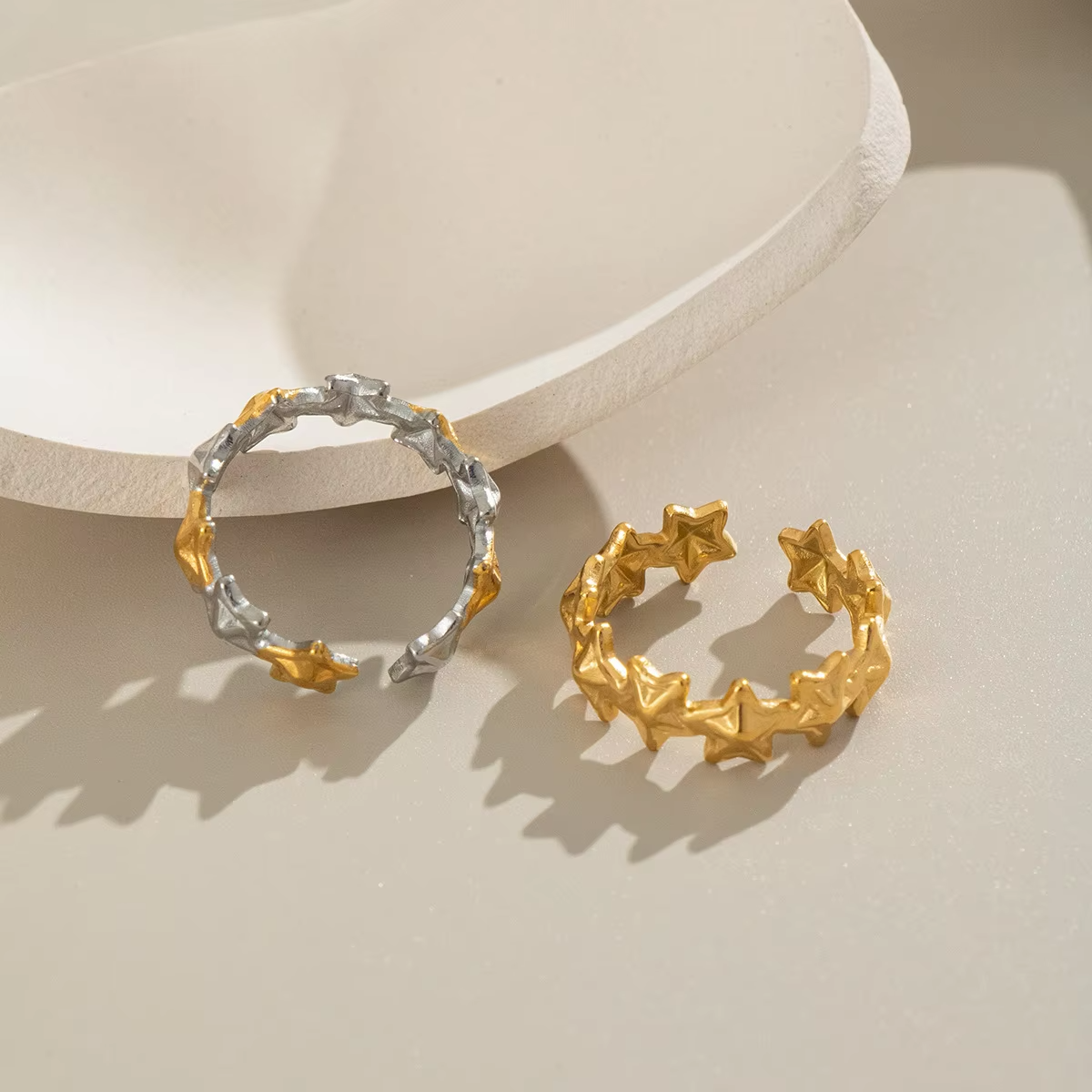 Trendy 18K PVD Gold Plated Pentagram Open Ring – Waterproof Geometric Splicing Stainless Steel Jewelry for Women