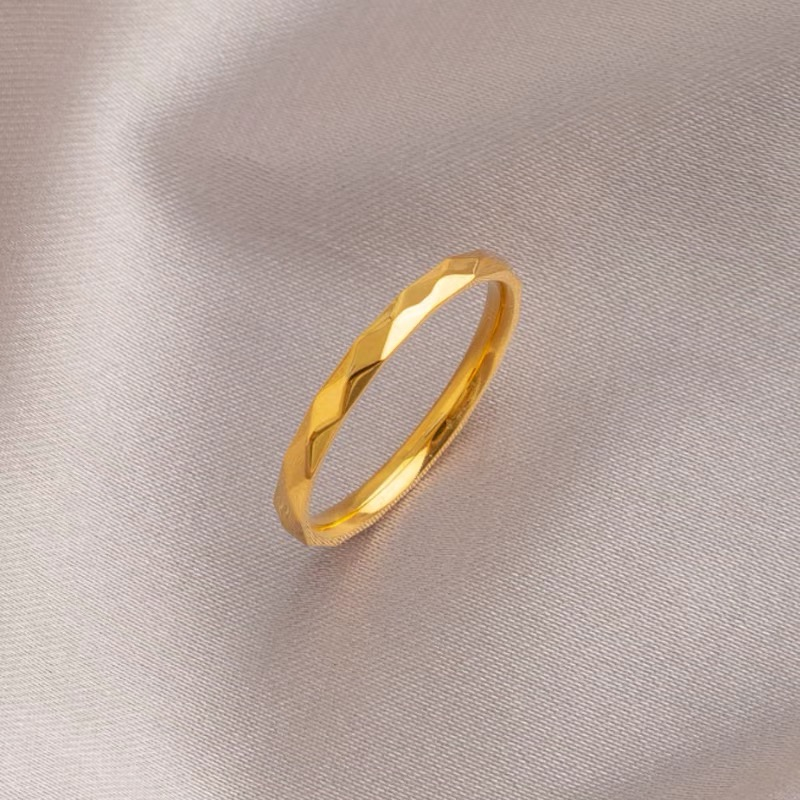 Trendy Gold Plated Stainless Steel Faceted Cut Thin Ring for Women Fashion Jewelry