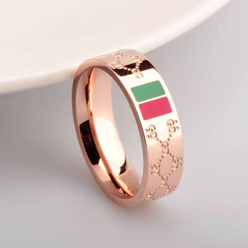 Trendy Rose Gold Stainless Steel Band Ring with Enamel Inlay and Engraved Pattern for Women