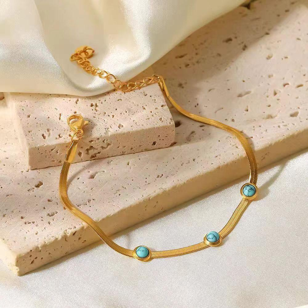 Turquoise Bead Bracelet for Women – 18K Gold Plated Stainless Steel Snake Chain Elegant Jewelry, Adjustable & OEM Wholesale