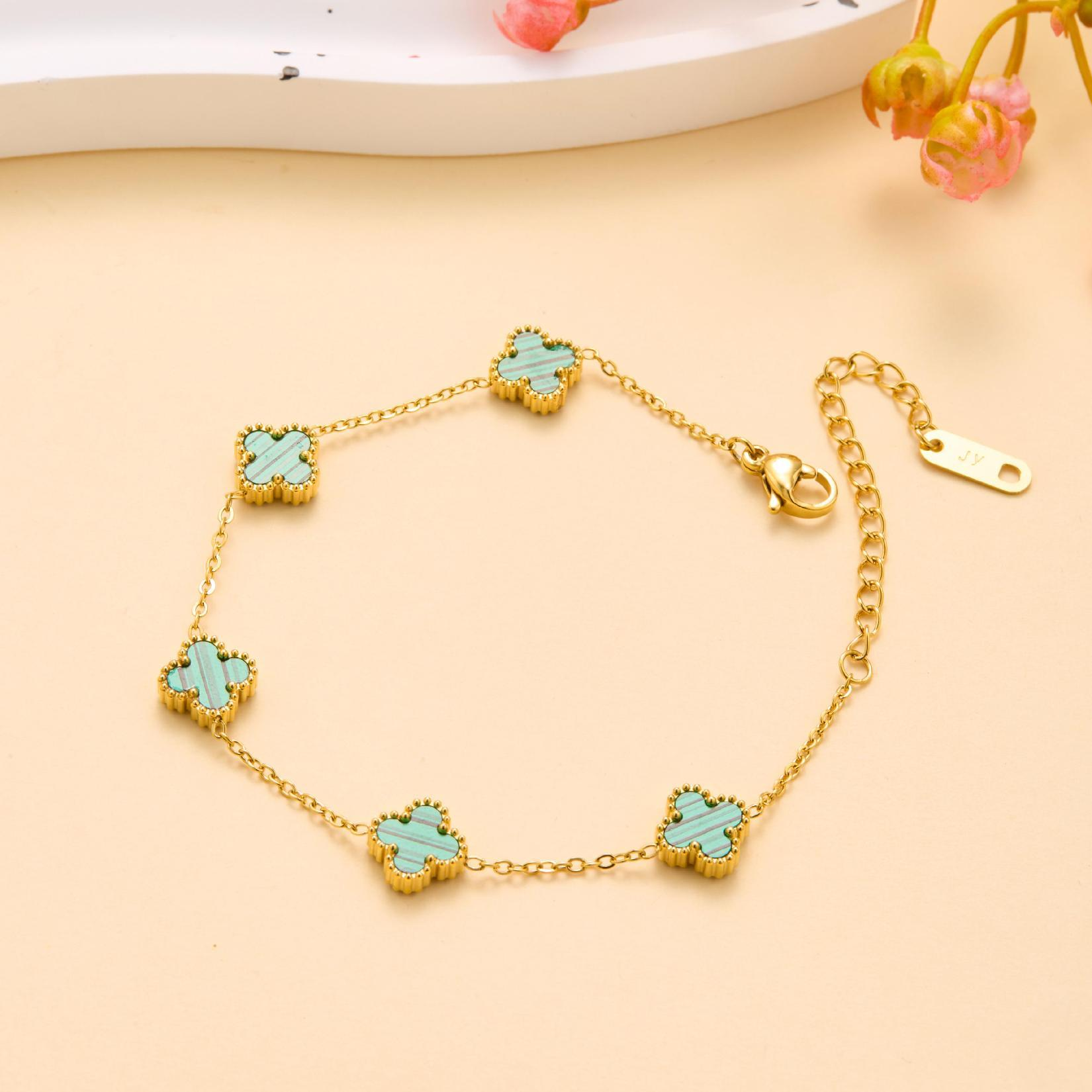 Turquoise Clover Bracelet for Women - Gold Plated Chain with Blue-Green Malachite-Inspired Charms - Adjustable Elegant Jewelry Gift