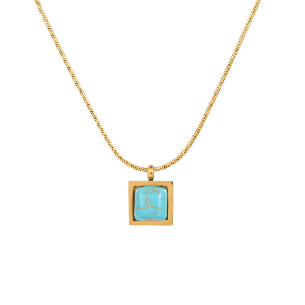 Minimalist Turquoise Square Pendant Necklace in Gold Titanium Steel