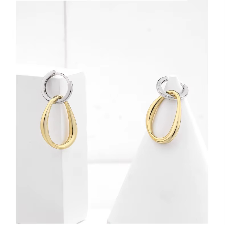 Two Tone Oval Hoop Drop Earrings 925 Sterling Silver Dangle Huggie Earrings