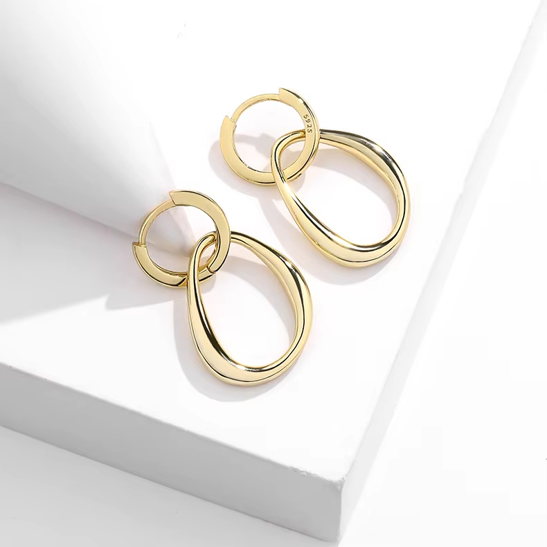 Two Tone Oval Hoop Drop Earrings 925 Sterling Silver Dangle Huggie Earrings